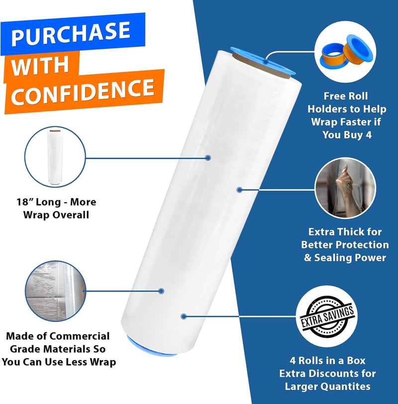 Lifetime Supplies 4 Rolls x 18" x 1500 FT x 80 Gauge Clear Non-Stretch Heavy Duty Plastic Stretch Wrap Shrink Film | Shipping Packaging Moving Packing Logistics | Thicker Extra Durable Film | Wrap Holder Included - Image 5